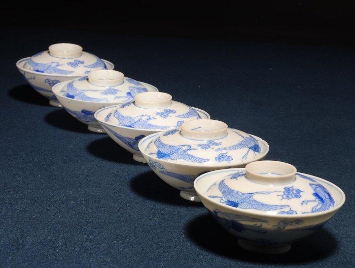 1/18結標古青花染付雙鶴紋清陶園製款蓋碗一組BEA0517 -日料缽碗套缽