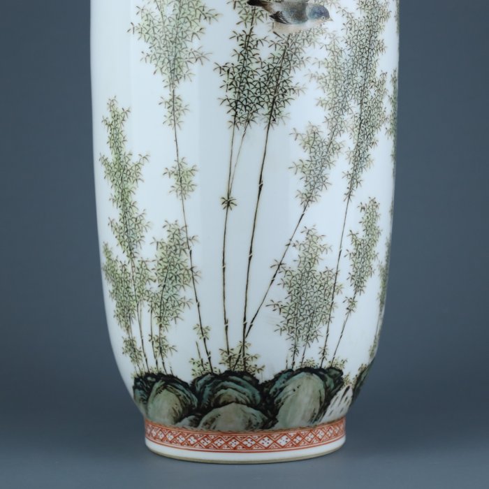 悅年堂--- 民國珠山八友徐仲南粉彩竹鳥紋捲口瓶ㄧ對| Yahoo拍賣