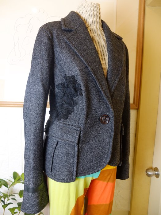 羅拉快跑 義大利高階服飾GAS鐵灰毛料手肘拼接皮革休閒西裝獵裝外套