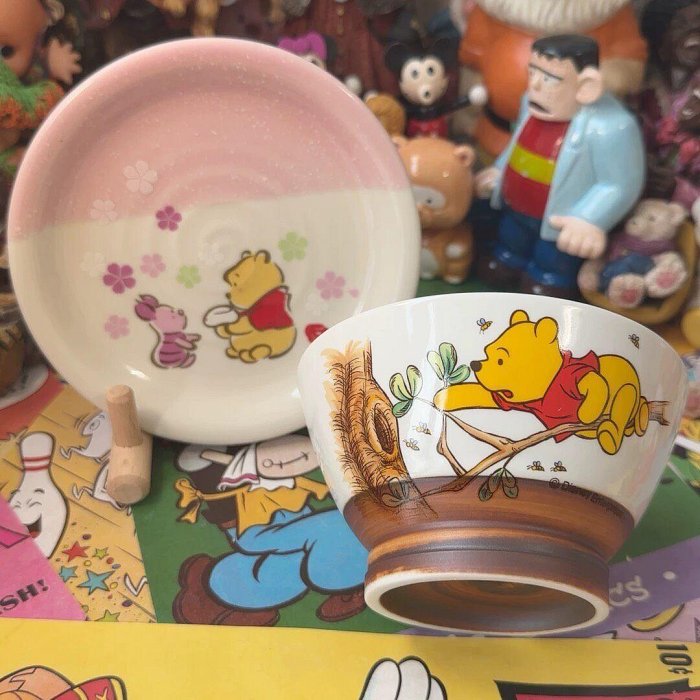 嚴選中古迪士尼維尼熊噗噗雪花釉拼色點心盤小高足米飯碗 維尼熊 啁啾 米飯碗