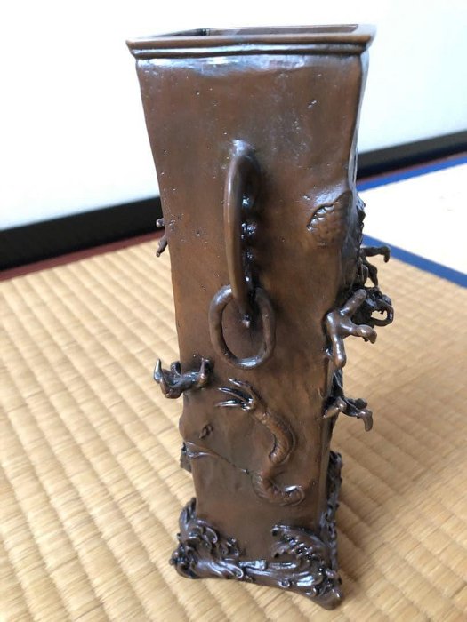 蠟型青銅製角型瑞龍紋花瓶二上元威氏作| Yahoo拍賣