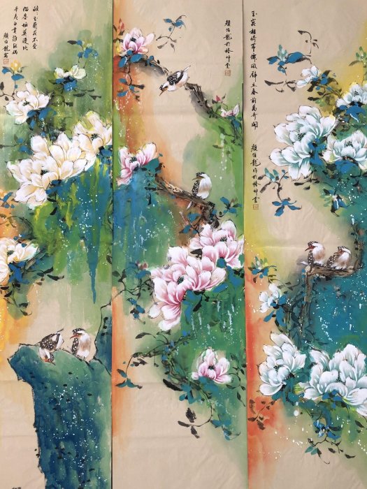 81【顏伯龍】花鳥，四條屏純手繪作品尺寸約136x34厘米未裝裱，帶水印