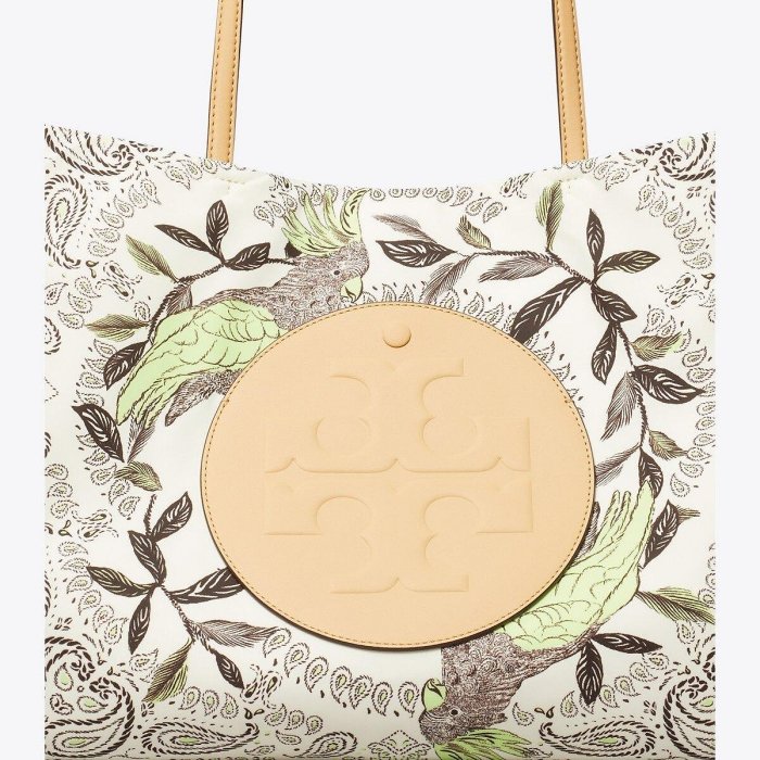 【TORY BURCH】專櫃經典款  Ella 中款復古花卉圖騰帆布手提包/托特包