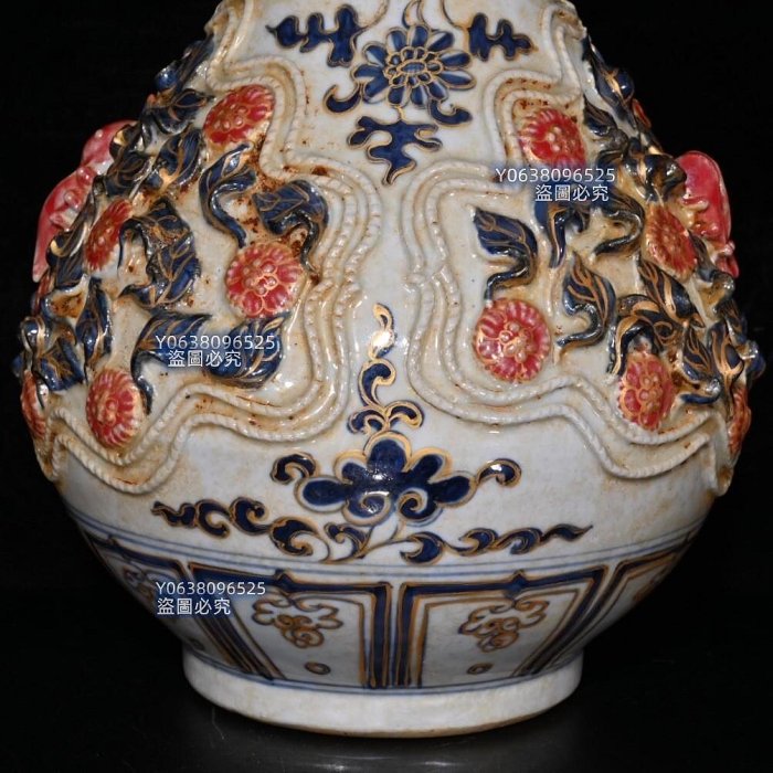 代白滸孤窯青花釉裡紅描金雕刻捏花玉壺春瓶（35×21cm）5001419 青花