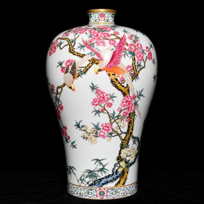 【@わんわん】雍正年製 款 粉彩 鳥梅図 瓶 高さ約16.8cm わんわん様専用】雍正年製 款 粉彩 鳥梅図 瓶 高さ約16.8cm