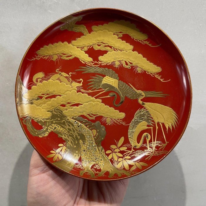 日本明治時期實木大漆壺承，高2.3口徑12.6厘米，百年老物件嚴選手繪松