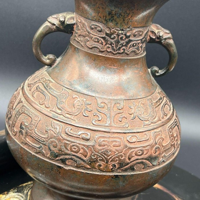 日本高岡銅花器，饕餮紋獸耳設計，精美古流派茶道專用花瓶，適合茶席