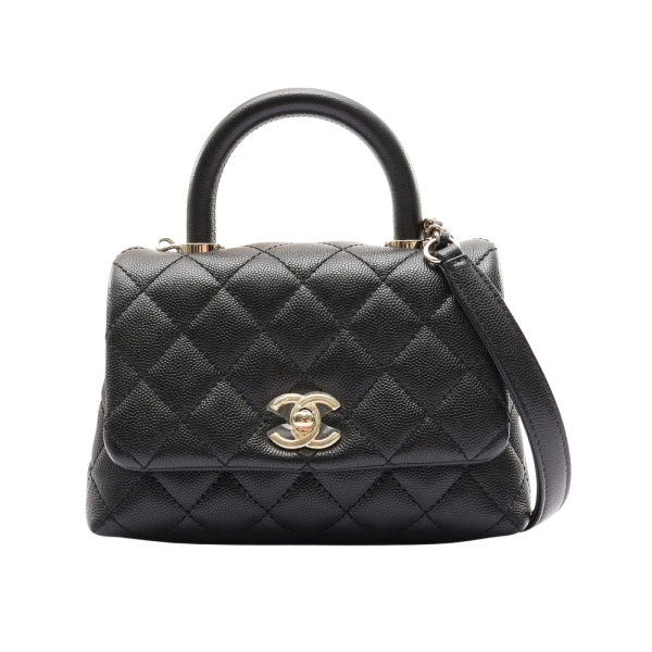 CHANEL 香奈兒 黑色 荔枝紋 牛皮 Mini Coco Handle Flap 兩用包 金釦 【二手名牌BRAND OFF】