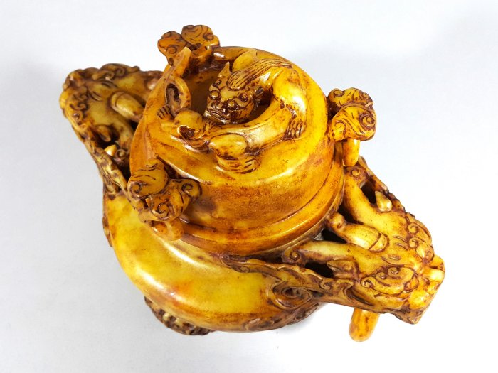 古和田玉彫◇高古玉彫「 戰漢◇ 雙鹿 薰爐◇ 」極細