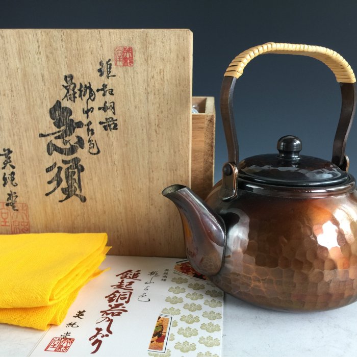 松果坊】日本『桃山古色英純堂』造鎚目肌銅急須銅壺鎚起銅器共箱350cc