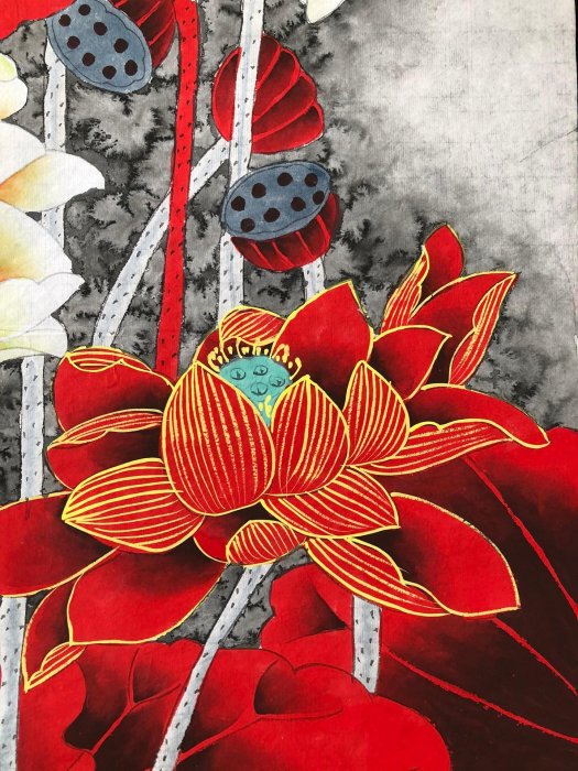 Z296【張大千】荷花，四尺豎幅純手繪作品尺寸約：132*66厘米未裝裱舊藏