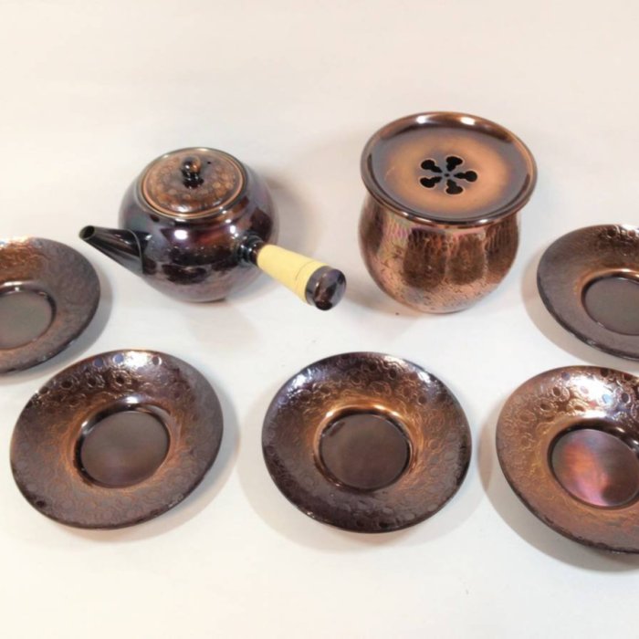 1921/☆純銅製 開新堂 壺/托子5客 葉型茶托5客