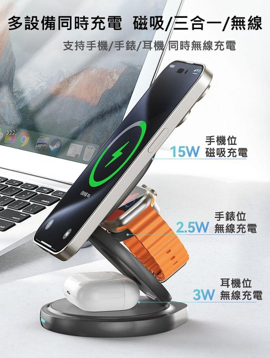 ZGA 三合一旋轉摺疊無線充電盤WX05 手機架360°旋轉可充手機/耳機