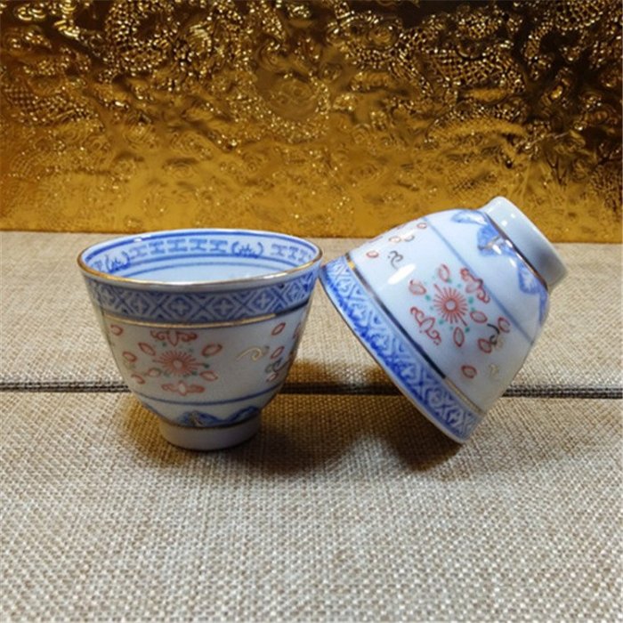 景德鎮文革廠貨瓷器/光明瓷廠產青花描金玲瓏米通三缸盅/普洱茶杯