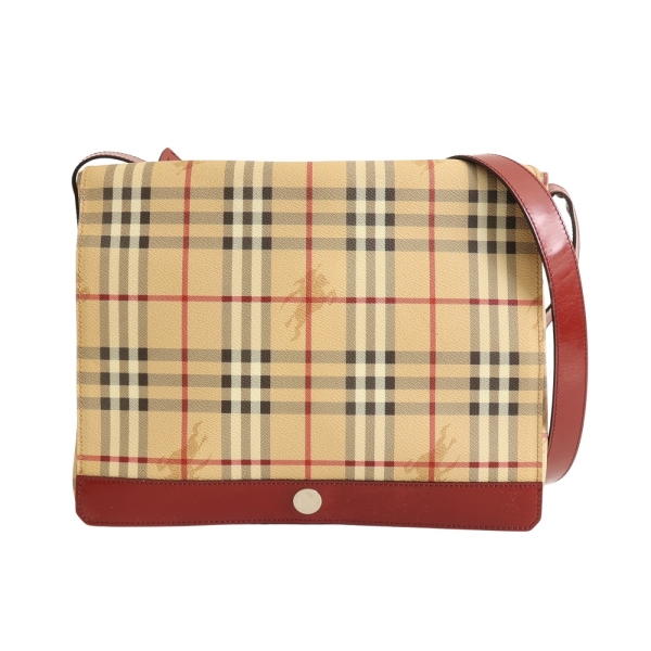 BURBERRY 巴寶莉 經典格紋 肩背包 淺褐/紅色 PVC塗層帆布 【二手名牌BRAND OFF】