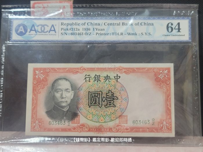 【錢幣鈔】1936年 民國二十五年中央銀行壹圓 德納羅版 ACCA64