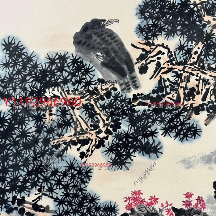 潘天壽花卉畫，畫心尺寸134✖️54 寫意風格，蒼鷹松樹，色彩鮮明，細節