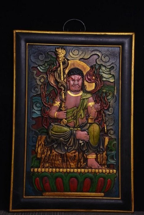 楠　座青不動明王　40ｃｍ　濃彩切金 #071 不動明王】260高62 寬42楠木手工雕刻，高浮雕，鎏金描彩工藝雕工細膩
