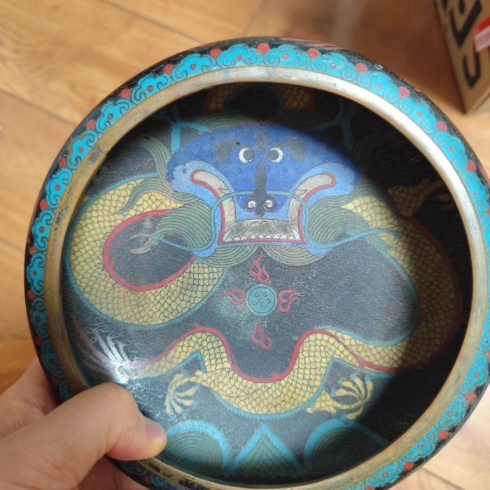 清代景泰藍龍紋筆洗直徑20公分銅胎掐絲琺瑯工藝精湛藍色龍紋精美絕倫底