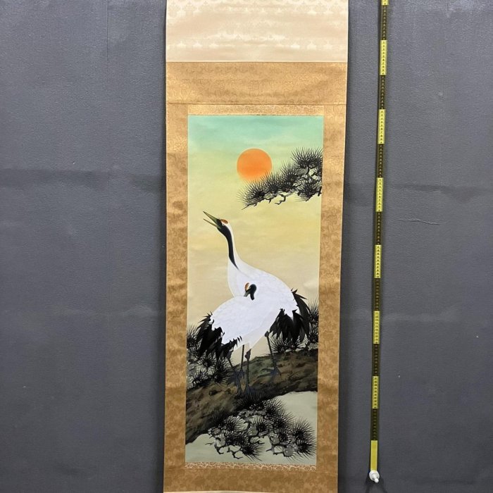 江月，精裱工筆花鳥畫《松鶴圖》國畫書法古玩字畫，絹本綾裱畫心尺寸