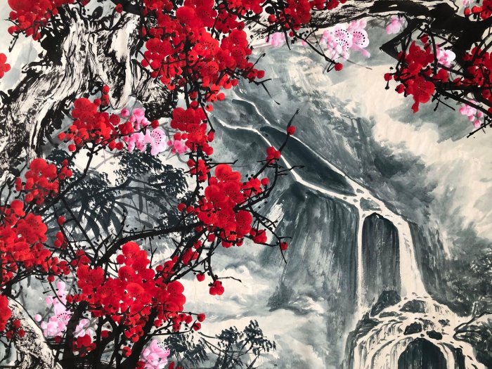 Z340【關山月】梅花，六尺橫幅純手繪作品尺寸約：70*178cm左右未裝裱
