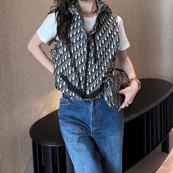 100％原廠DIOR 迪奧 早春新款老花字母logo印花時尚無袖馬甲外套連帽背心開衫女潮