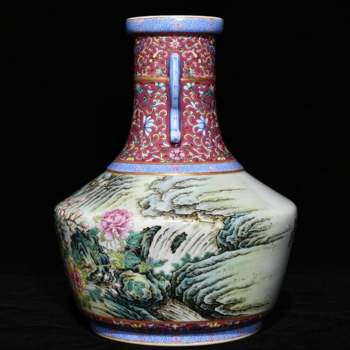 可議價清乾隆粉彩花鳥紋雙耳瓶，高26cm直徑20cm，編號3817634官窯、民