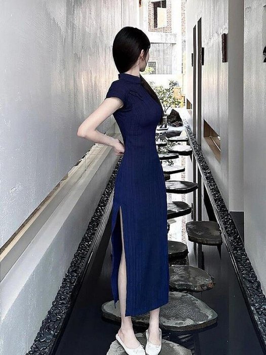 新中式女裝改良旗袍長裙赫本風氣質別致國風藏藍色連衣裙子女夏季流行女 