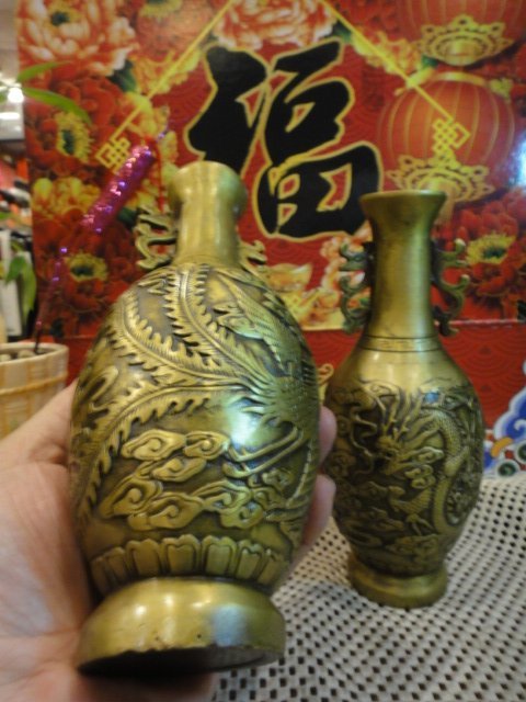 大瑞古玩~正宗早期龍鳳吉祥黃銅雕花瓶/品項完整值得收藏招財進寶供佛拜