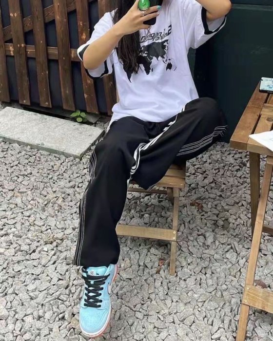 Adidas三葉草情侶長褲繡 條紋西裝闊腿褲男女 顯瘦寬鬆直筒運動休閒褲子長筒闊腿褲子掃地褲垂順情侶褲 301508