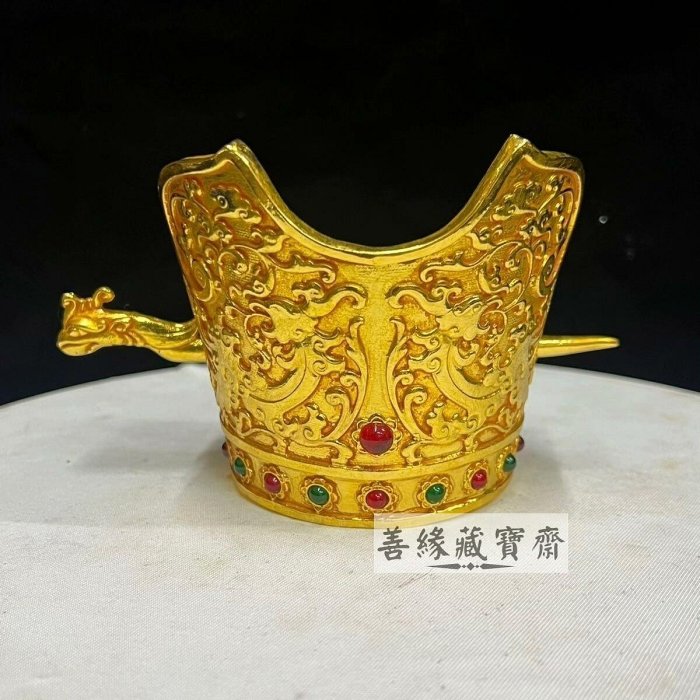 復古鎏金唐代帝王發冠雙龍鑲寶石官帽擺件15公分龍鳳發髻古風收藏精品