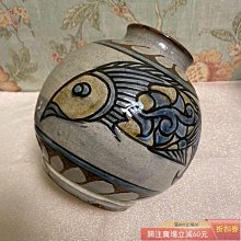 日本陶藝大師琉球燒人間國寶金城次郎長男金城敏男作手刻手繪魚紋大號