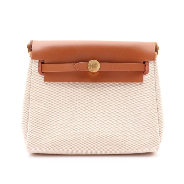 HERMES 愛馬仕 Herbag Zip 20 Mini 肩背包 金棕色 Toile H 帆布 G刻 金扣 【二手名牌BRAND OFF】