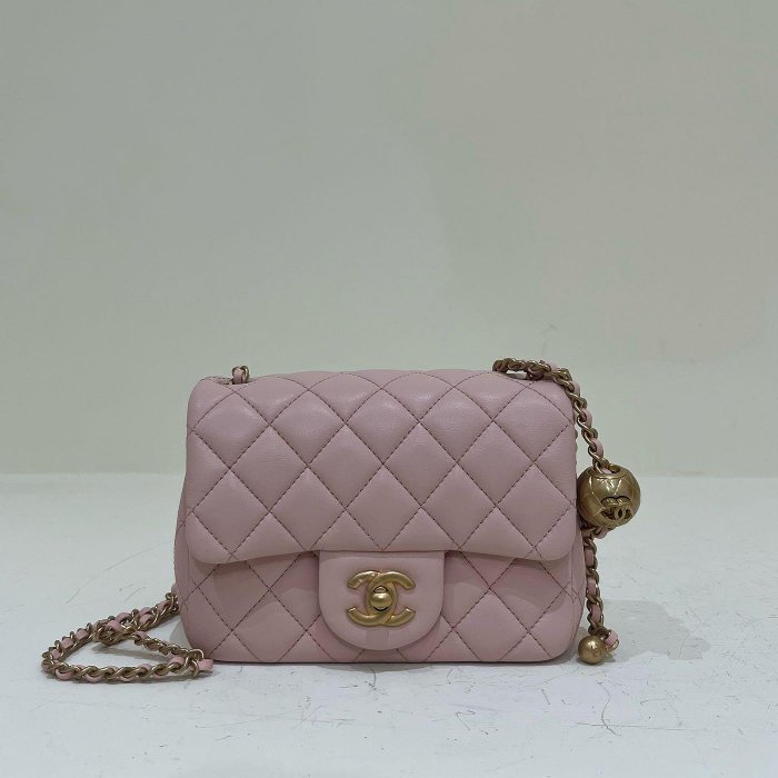 Chanel Mini Coco 17 金球方胖子 菱格紋 小羊皮 金釦 櫻花粉色《精品女王全新&二手》