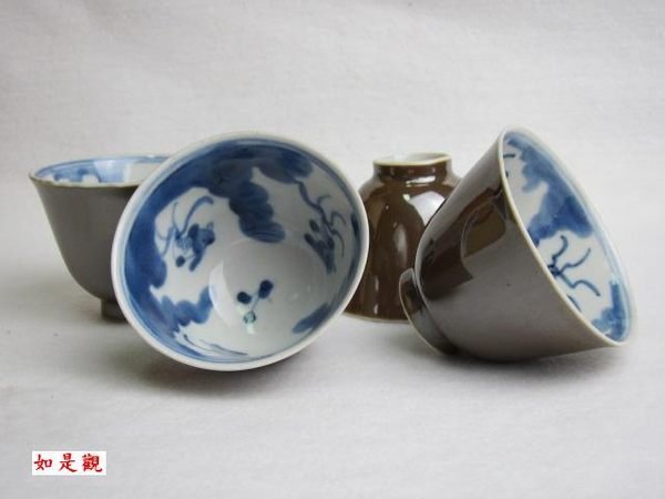 如是觀---茶具專櫃} 清中期紫金醬釉杯內繪金魚青花于字底款茶席必備4只