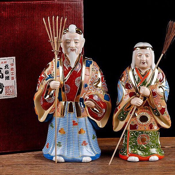 嚴選日本九谷燒八幡窯彩繪高砂老人瓷擺件，大號33x19cm小號28cm推薦