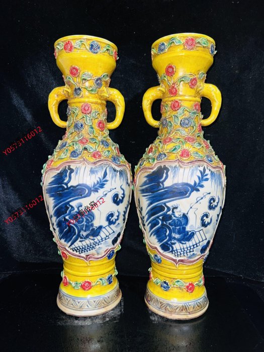 可議價元～元青花白滸孤窯捏花開窗人物象耳花瓶100，尺寸如圖28685青瓷