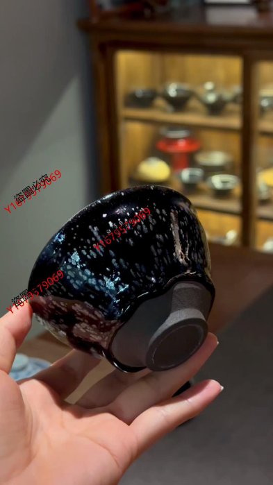 【二手】可議價 吳興乾電燒作品 黑底銀斑 乾字款電燒油滴 高束口建盞       乾窯吳興乾 電窯燒制  經典黑底銀斑 銀油滴 黑釉