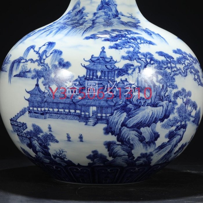 舊藏清代雍正青花山水閣樓大天球瓶尺寸：高54公分口徑11.5公分古玩收藏