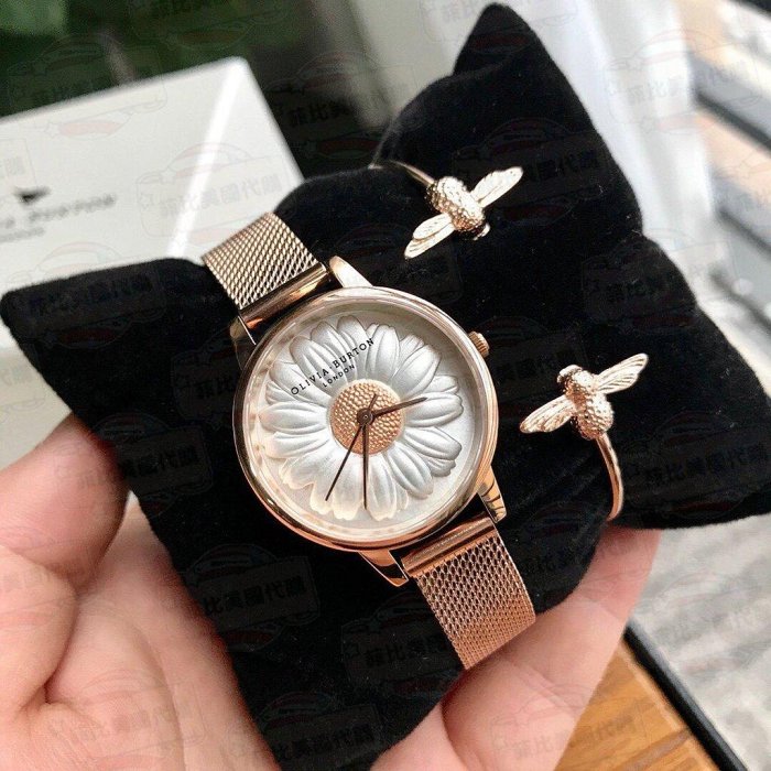 100％原廠英倫 Olivia Burton OB 3D雛菊 白色錶盤 玫瑰金錶帶 女款手錶 套裝組