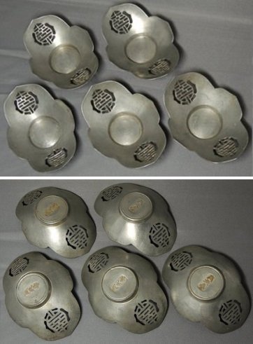 煎茶器具】日本回流老件清代肖天泰銘唐物古錫茶托五客囍字簍空良品