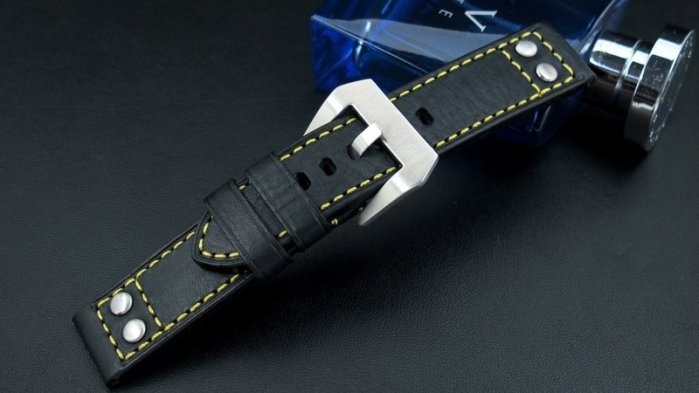 Hamilton Steinhart - Nav 的新衣,banda軍錶飛行風格鉚釘20mm直身黑色真皮錶帶黃色縫線