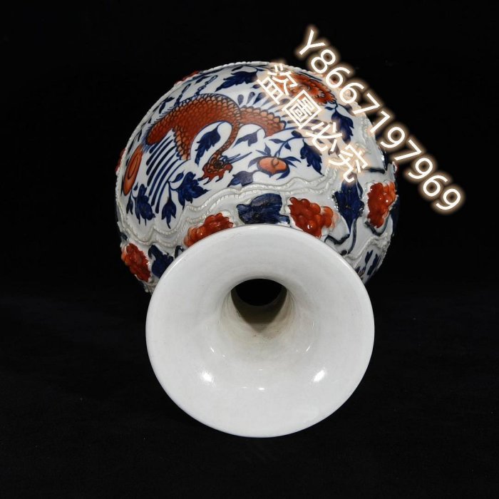 元白滸孤窯青花礬紅花鳥紋玉壺春瓶，34.5×21400190 瓷器青花汝窯
