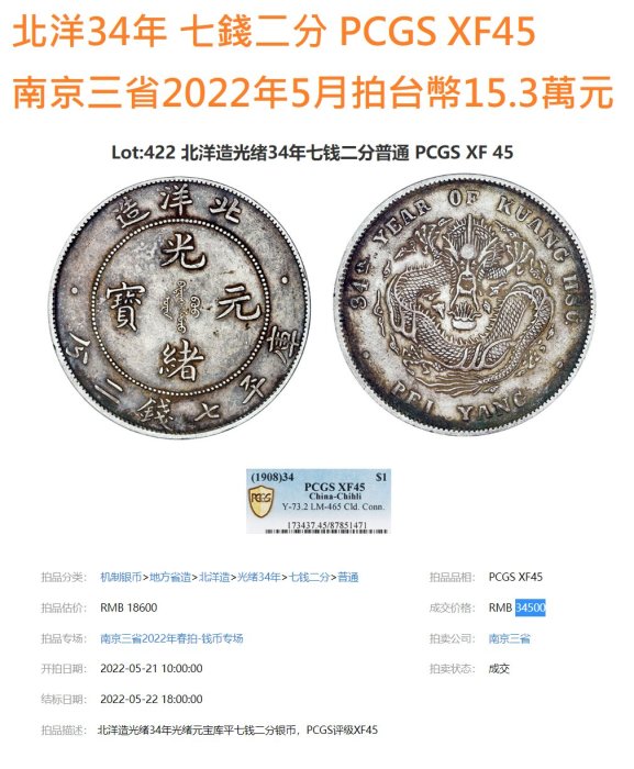 北洋34年大字凹眼龍連雲版PCGS XF45 百年老包漿[認證編號42057799