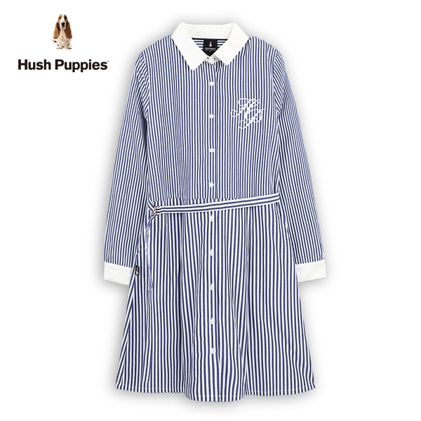 Hush Puppies 洋裝 女裝簡約HP拼接直條紋腰綁帶襯衫領洋裝