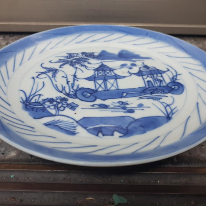 清 青花山水楼閣紋盤 中国 古美術