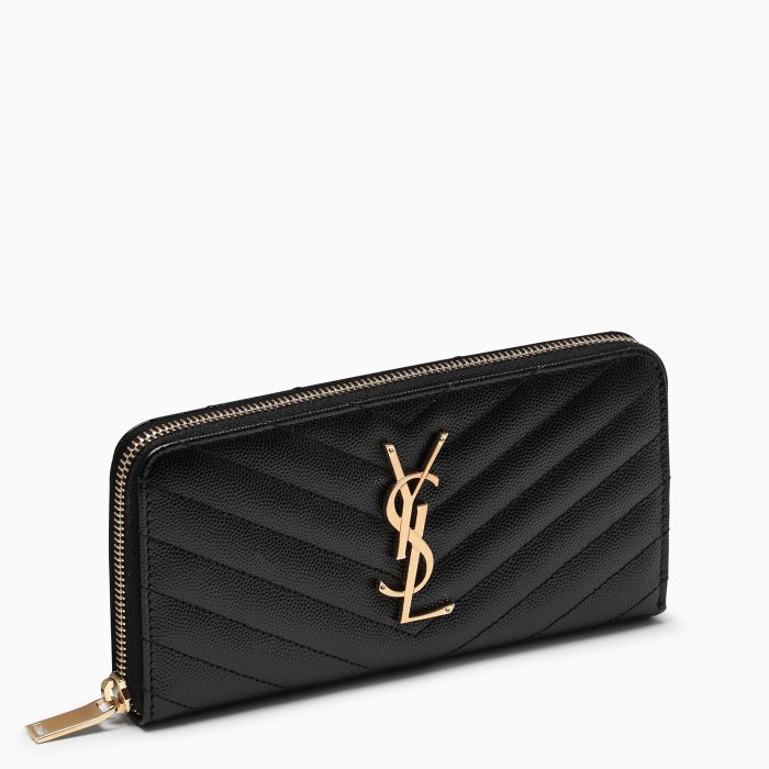 【YSL】MONOGRAM系列V字縫線魚子醬牛皮金屬LOGO拉鍊長夾/手拿包