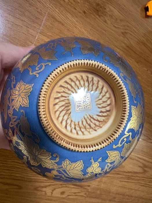 嚴選日本中古海淘孤品龍峯窯抹茶碗，官窯霽藍描金祥鹿葡萄紋，尺寸精準