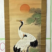 藏舊尋寶屋】老日本畫家作落款「松鶴圖」水墨畫掛軸/畫軸/掛軸《絹本