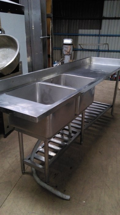 【泰裕二手貨餐具行】中古手工雙口三口水槽附平台(工作台攤車水槽)
